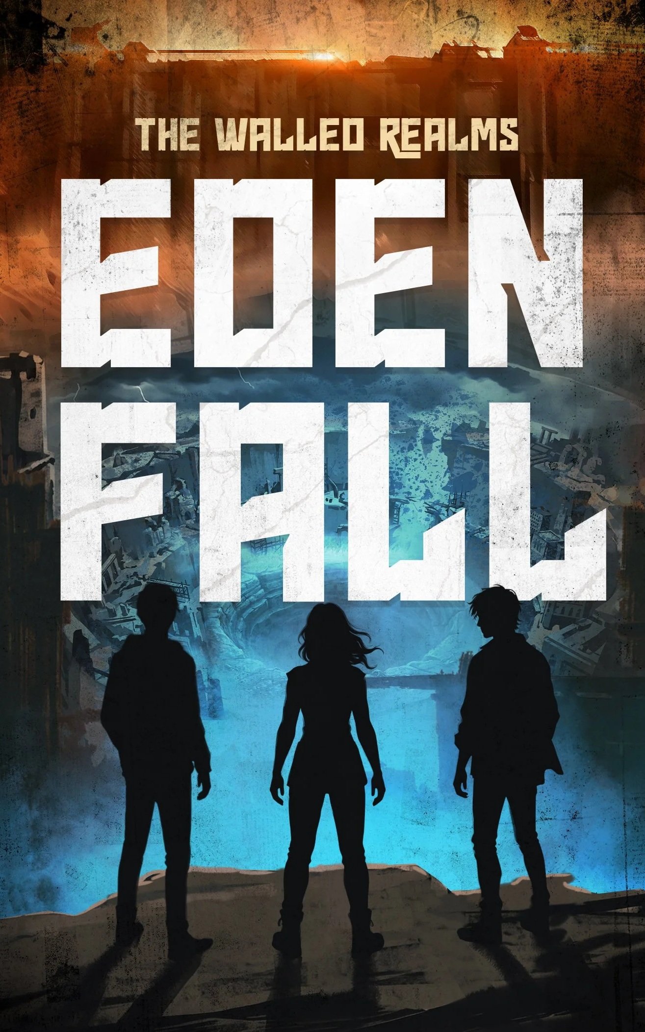 Silhouettes of three people standing in the foreground, overlooking a scene of destruction with a tornado, debris, destroyed buildings, and a fiery sky in the background. The title reads "The Walled Realms: Eren, Flo".