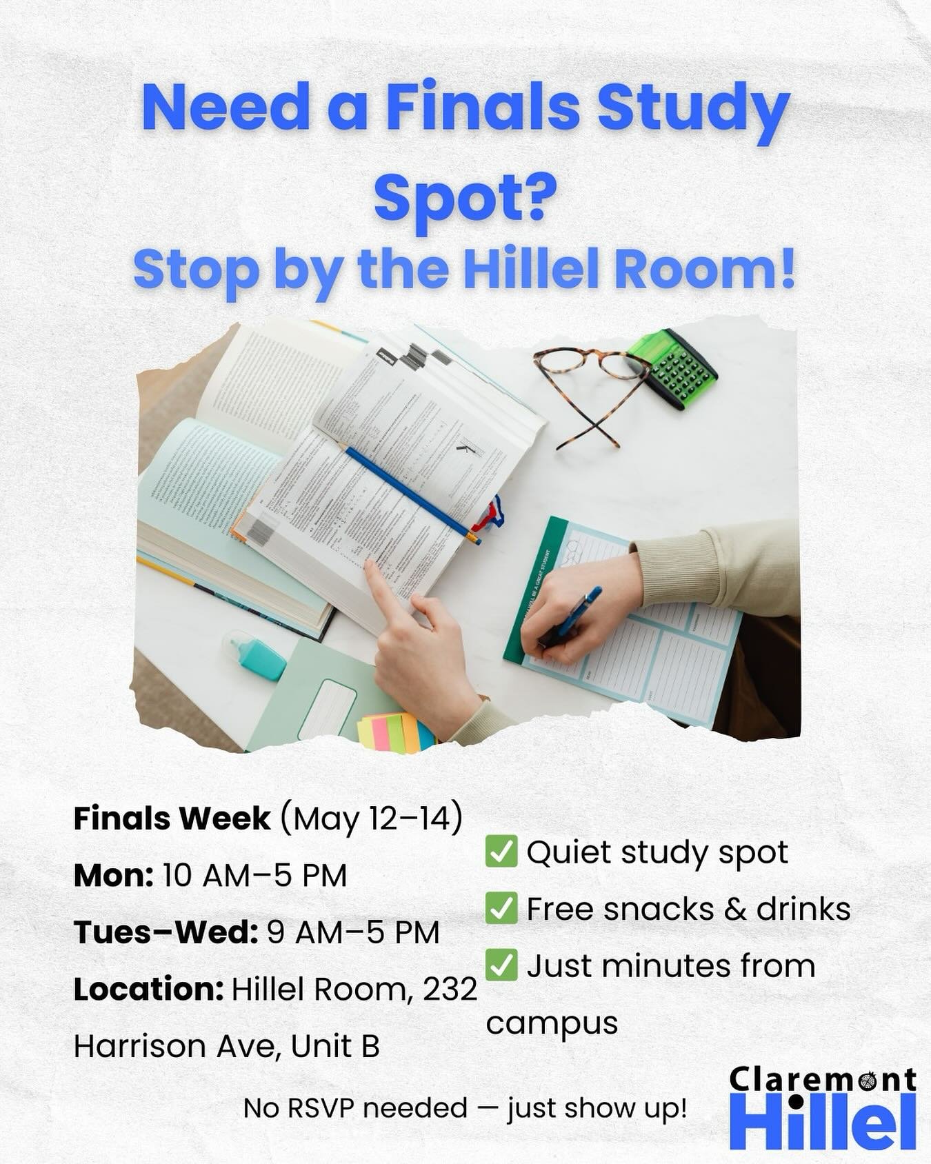 During finals week (next week), the Hillel Room will be open Monday-Wednesday as a study space for all students! 📚

Located just a few minutes&rsquo; walk from Pomona College&rsquo;s campus, we&rsquo;re offering a quiet and comfortable space to focu