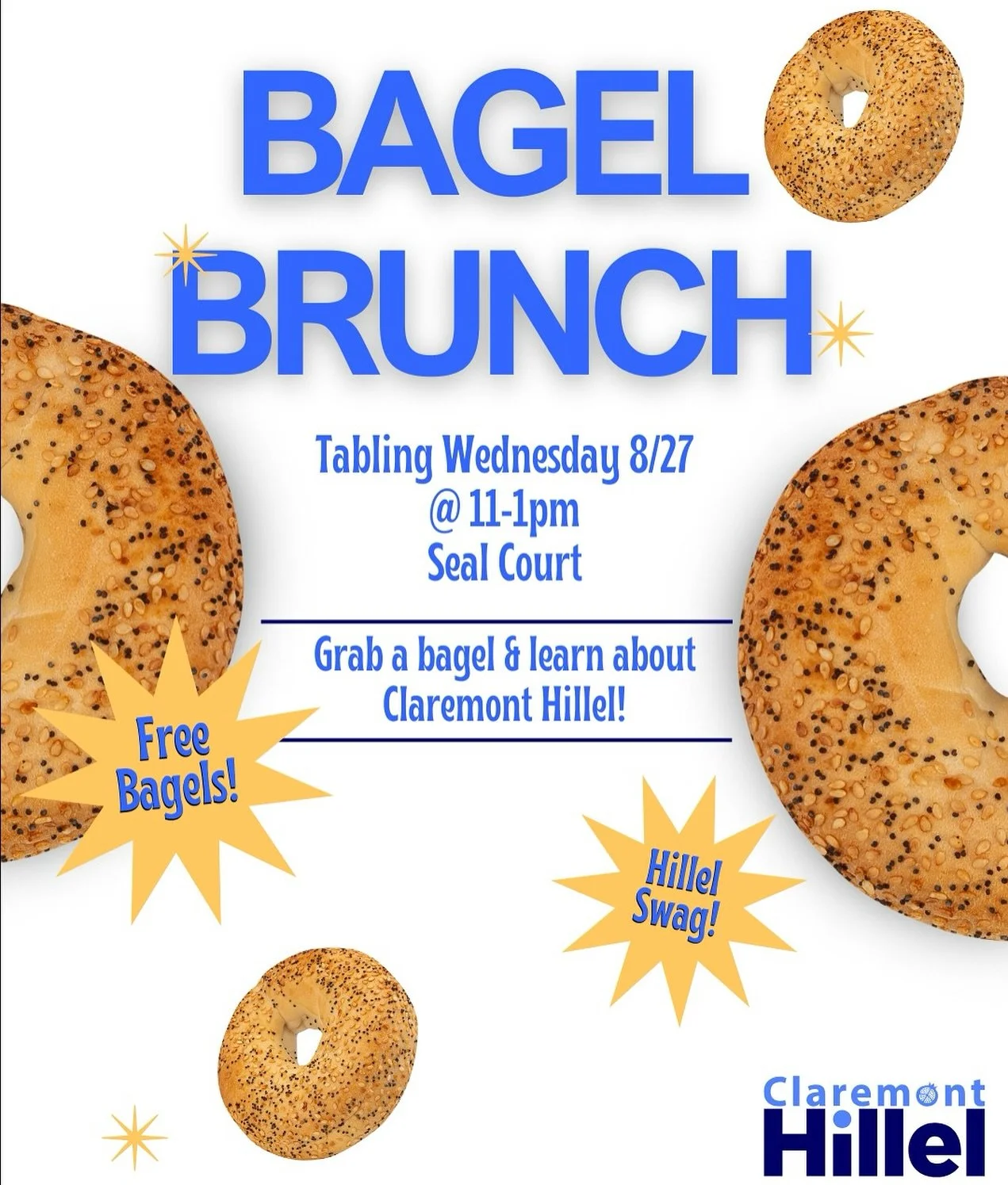 🥯Bagel Brunch 🥯
Take a midweek break and join us for bagels, shmear, and community! Come hang out, meet new friends, and recharge between classes. 💙

📍 Seal Court (near the Motley)
🗓 Wednesday | ⏰ 11 AM &ndash; 1 PM

All are welcome &mdash; Jewi