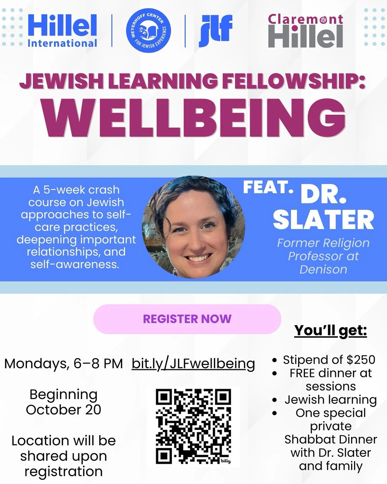 ✨ Jewish Learning Fellowship~ Wellbeing ✨

Interested in Jewish learning? Join Dr. Bethany Slater, former Denison Religion Professor, for Dinner &amp; Torah Study!

📅 Mondays, 6&ndash;8 PM, starting Oct 20 (location shared after registration)
🍽️ In