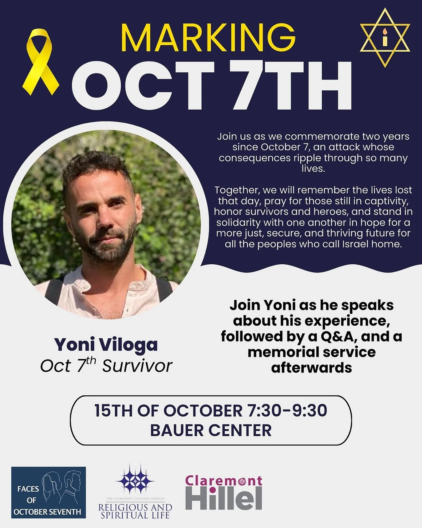 Marking October 7th 🎗️
Join us as we commemorate two years since the October 7th attacks, an event whose impact continues to ripple through so many lives.

Together, we will remember those who were killed, pray for those still in captivity, honor su