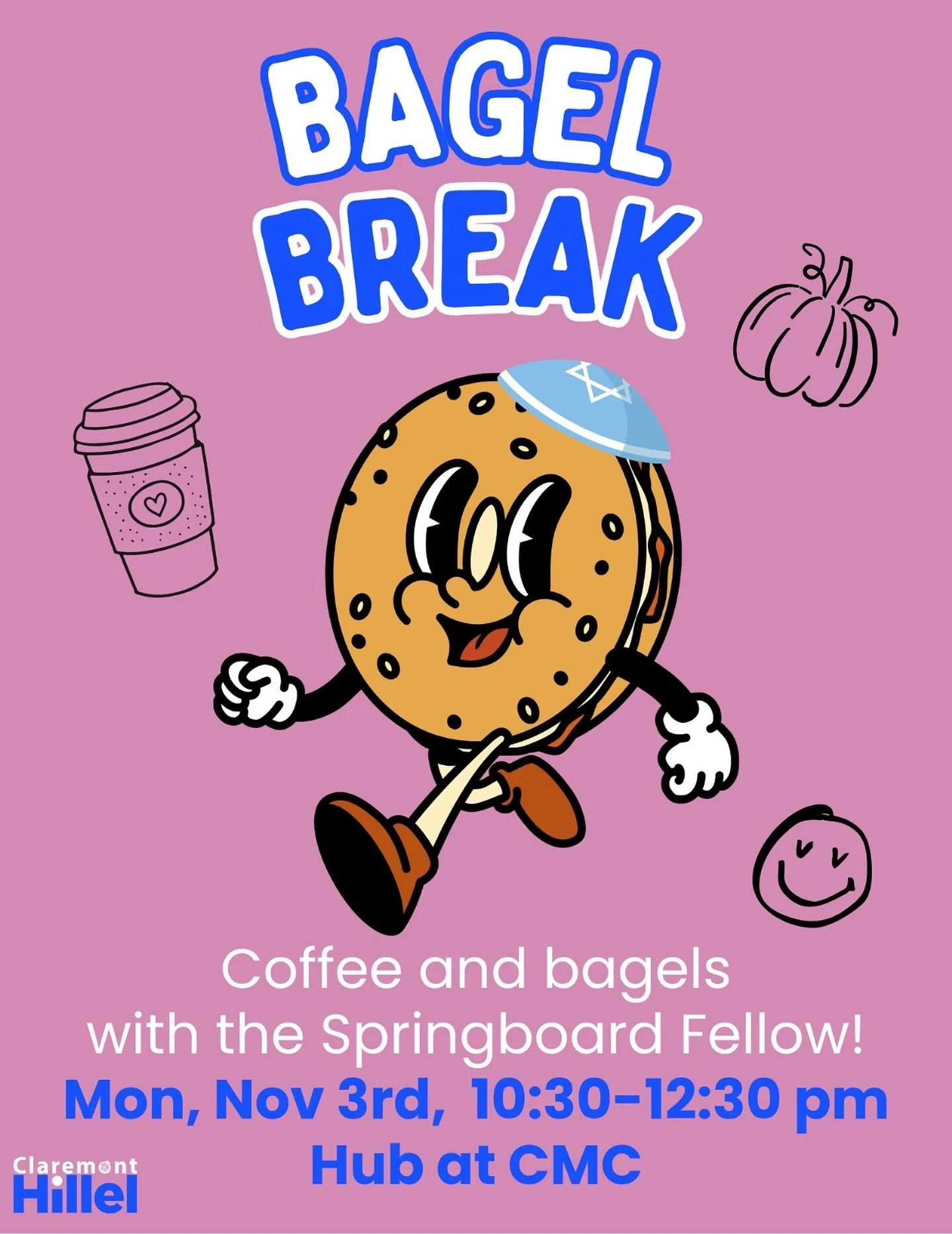 🥯 Bagel Break &mdash; Monday, Nov 3rd! ☕️

Free bagels, cream cheese, and hot coffee from 10:30 AM to 12:30 PM. Come hang with Sami and Sofia from Claremont Hillel and start your week with good vibes !!✡️😄🌞