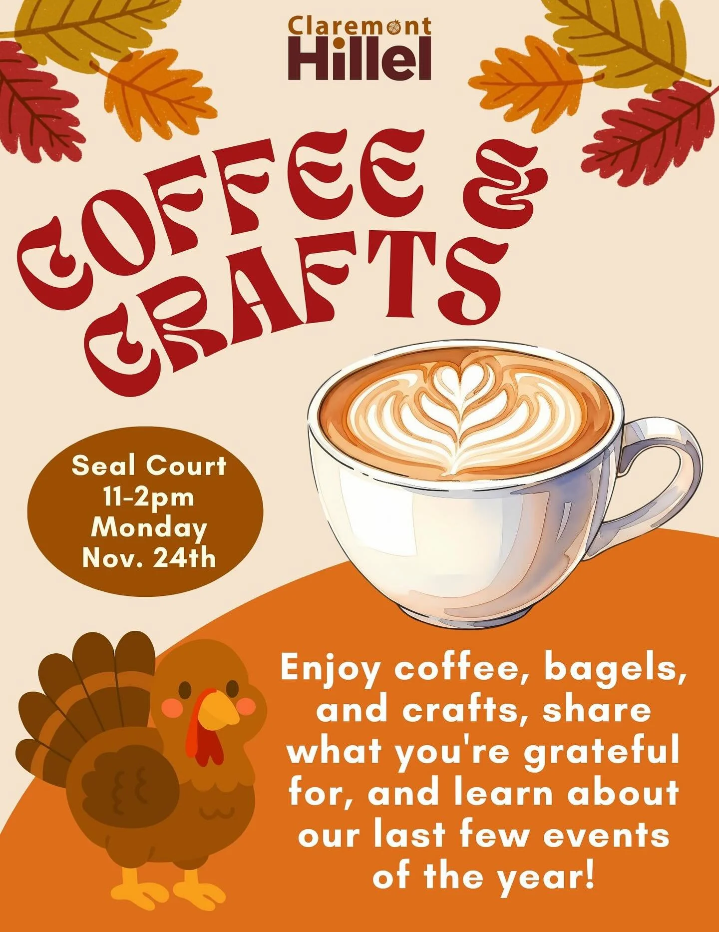 Coffee &amp; Crafts ☕🎨
Come hang with us at Seal Court&mdash;grab a bagel, make a card, and take a breather. Share what you&rsquo;re grateful for and learn about our final events of the year.
📍 Monday, Nov. 24 | 11&ndash;2 PM | Seal Court @ Scripps