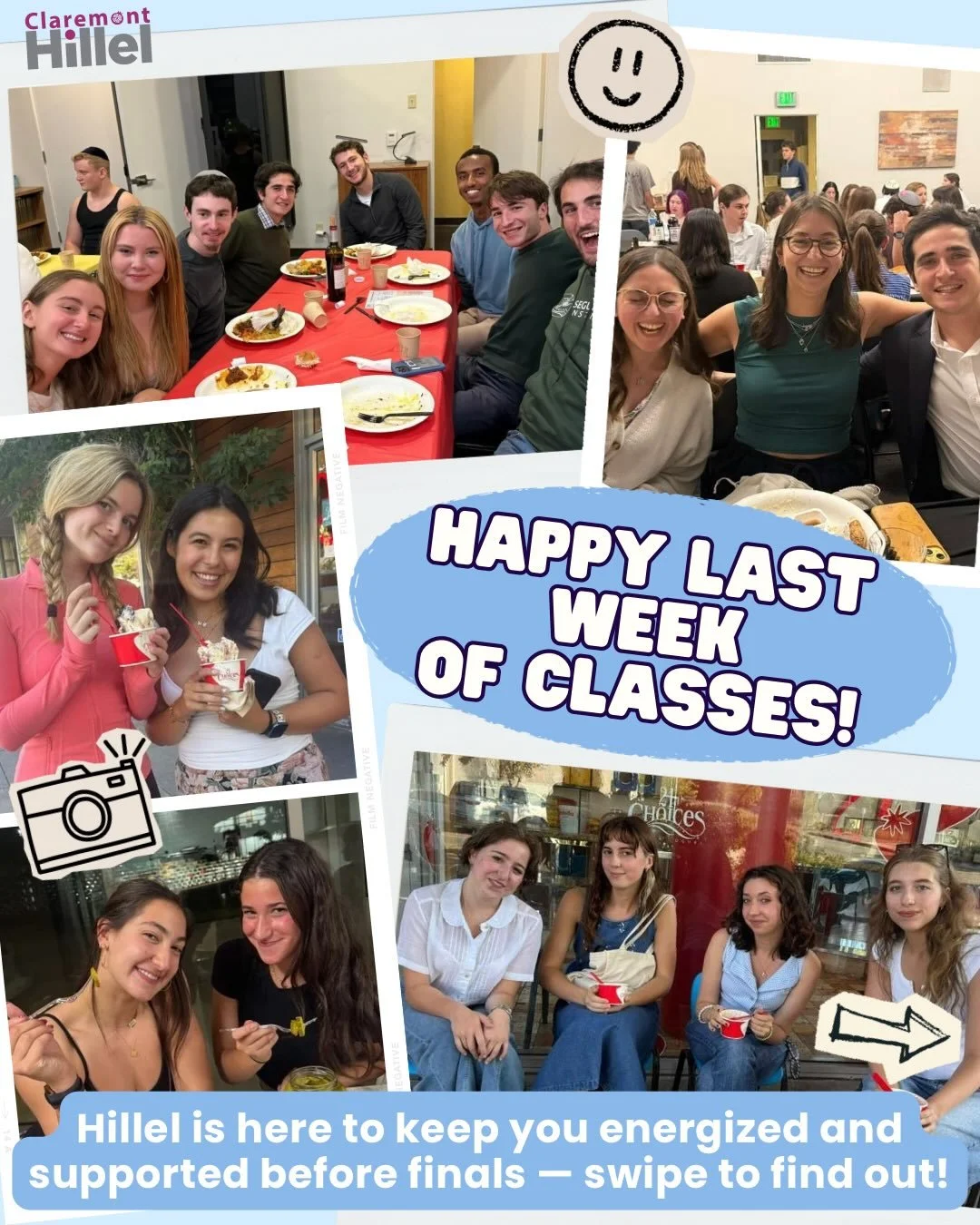 ✨ Happy Last Week of Classes! ✨
How is it already almost the end of the semester?? 

Hillel is here to keep you energized &amp; supported before finals 💪📚
☕🥯🎨 Swipe to see what we&rsquo;ve got planned to fuel your week! We are here for you!!