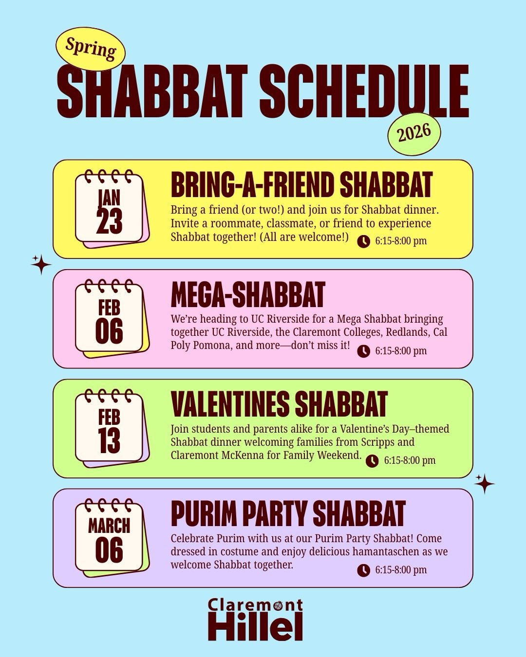 Spring Shabbats are calling 📞🌸🕯️
Mark your calendars for our Shabbats this semester, locations and more details coming soon! ✨💙 ✡️ We can&rsquo;t wait to spend Shabbat with you!