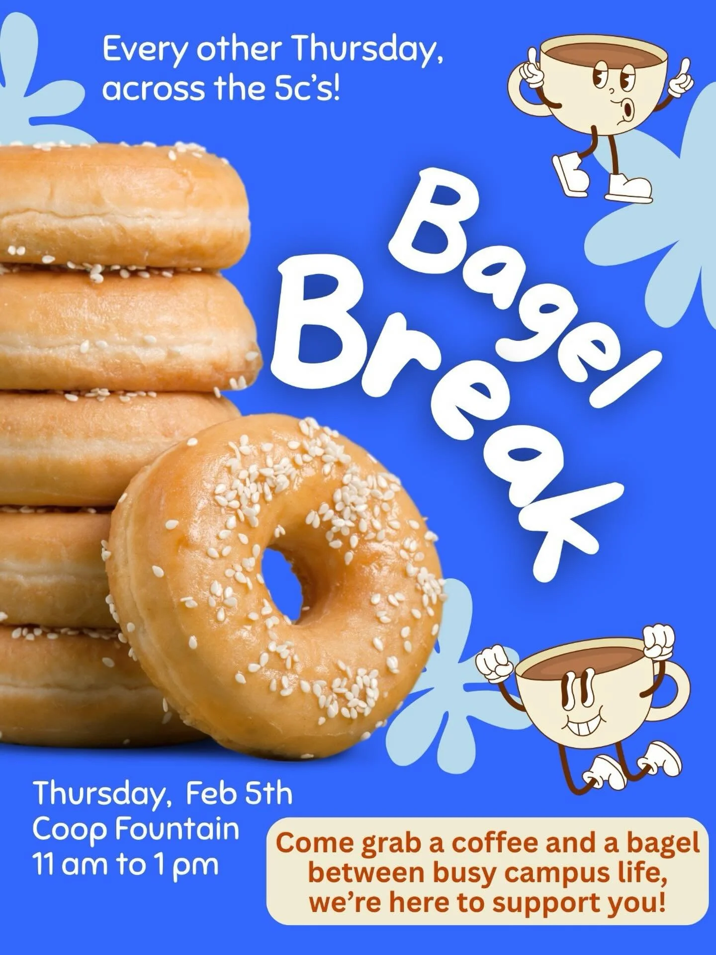 Bagel Break is back!!!⭐️🥯

Come find us around the 5C&rsquo;s for coffee and bagels! ☕🥯 This week we&rsquo;ll be at Coop Fountain on Pomona&rsquo;s campus☀️
We&rsquo;ve got Trader Joe&rsquo;s goodies and 42nd Street bagels waiting for you, come han