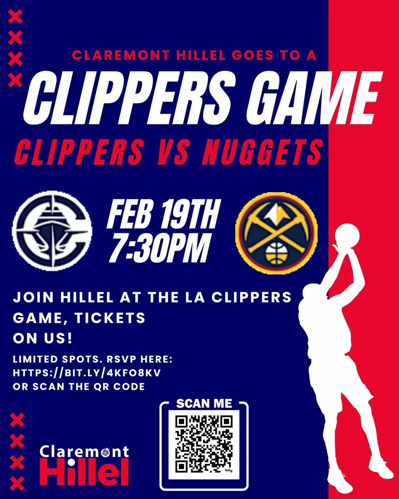 🏀 Clippers vs. Nuggets &mdash; Tickets on Us!
Join Hillel for a Thursday night NBA game with the LA Clippers!

📅 Feb 19
⏰ 7:30 PM

Limited spots available, so don&rsquo;t wait!
👉 RSVP here: https://bit.ly/4kFO8kV
or scan the QR code

No Friday cla