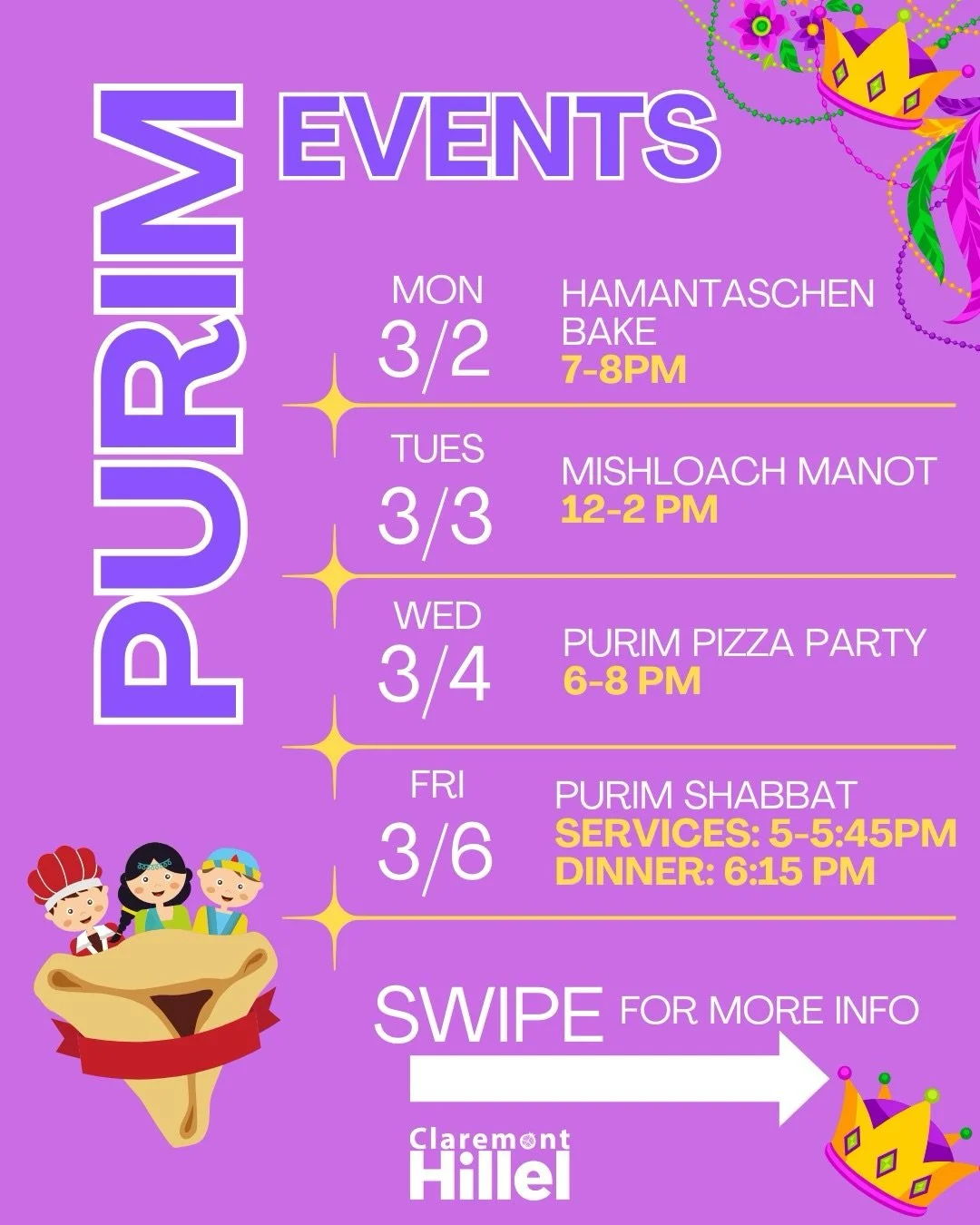 🎭✨ Purim Week with Claremont Hillel! 

Monday 3/2 &ndash; Hamantaschen Bake 🍪
7&ndash;8 PM
📍 Location shared upon RSVP
Sign up at bit.ly/Hamanbake or link in our bio!

Tuesday 3/3 &ndash; Midterm Mishloach Manot 🎁
12&ndash;2 PM
📍 Seal Court, Scr
