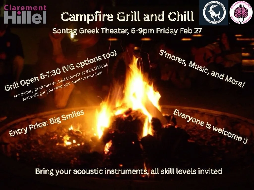 Campfire Grill and Chill 🔥
Sontag Greek Theater, 6-9pm Friday Feb 27
Grill Open 6-7:30 (VG options too)
Entry Price: Big Smiles 😄
S&rsquo;mores, Music, and More! 🎶
Everyone is welcome :)
Bring your acoustic instruments, all skill levels invited! ?
