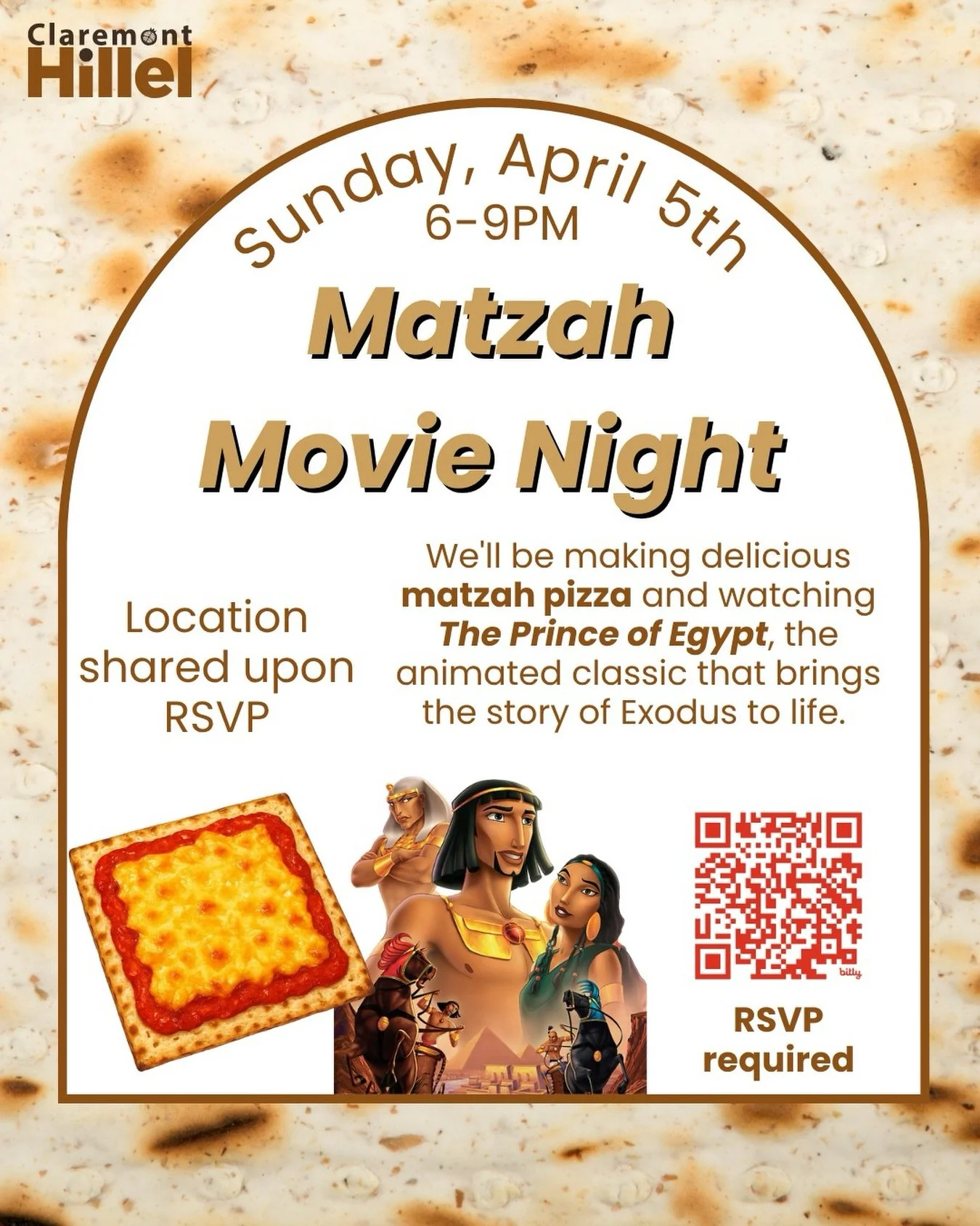 🍕🎬 Matzah Movie Night 🎬🍕

Join us this Sunday from 6&ndash;9 PM for a cozy and delicious night!

We&rsquo;ll be making our own matzah pizzas 🍕 and watching The Prince of Egypt&mdash;the animated classic that brings the Exodus story to life.

📍 