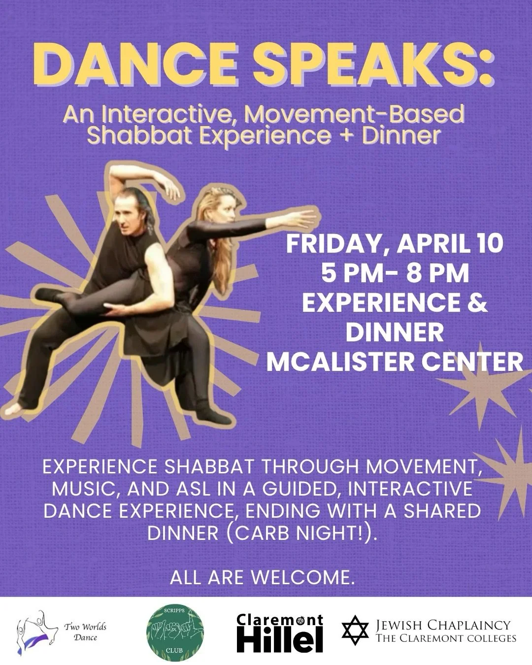 Dance Speaks 💃🏽🕺🏾🪩
An Interactive, Movement-Based Shabbat Experience + Dinner 

Join us for a one-of-a-kind Shabbat experience, where movement, music, and meaning come together. Through a guided, interactive dance journey (featuring elements of 