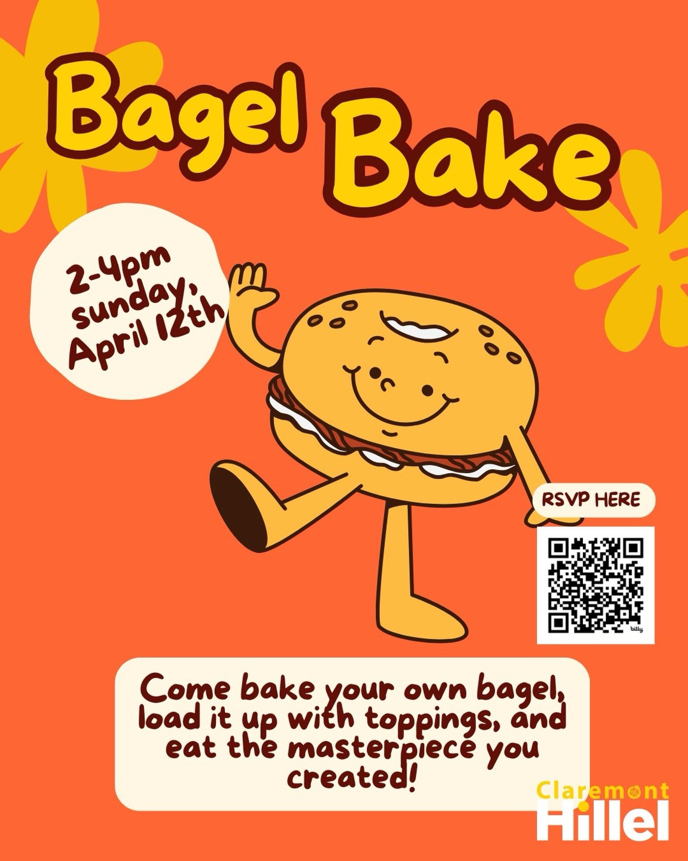 🥯 BAGEL BAKE 🥯

🗓️ This Sunday, April 12th 2&ndash;4 PM 
📍 Location given upon RSVP 

Come bake your own bagel, load it up with your favorite toppings, and enjoy your masterpiece fresh out of the oven 😋 
🔗RSVP via link in bio or scan the QR cod