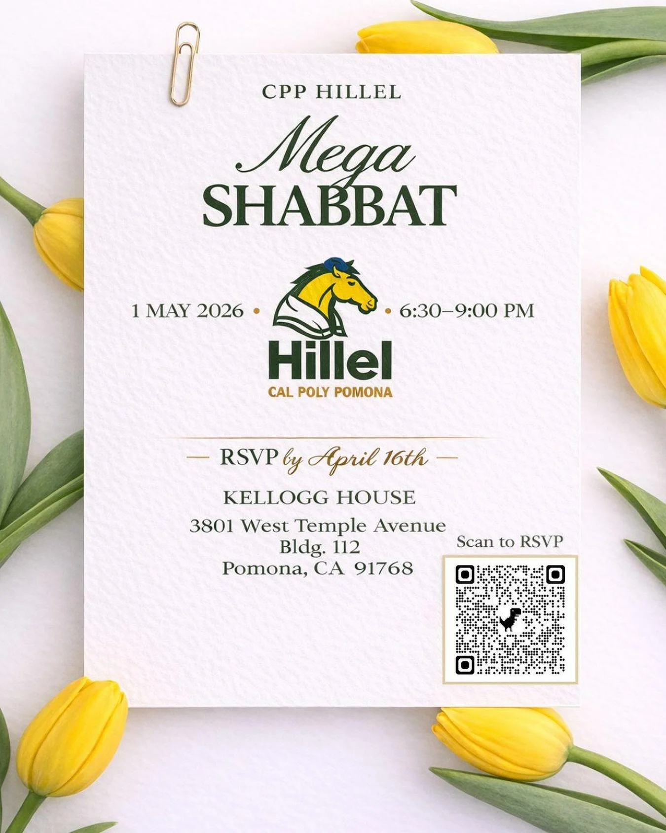 Join us for Mega Shabbat with @cpphillel ✨ 

🗓 May 1st 
⏰ 6:30&ndash;8:00 PM 

We&rsquo;ll be heading over together to join their Shabbat dinner, don&rsquo;t miss it! 

📲 Scan the QR code to RSVP (due this Thursday, April 16th)
🚗 Need a ride? Visi