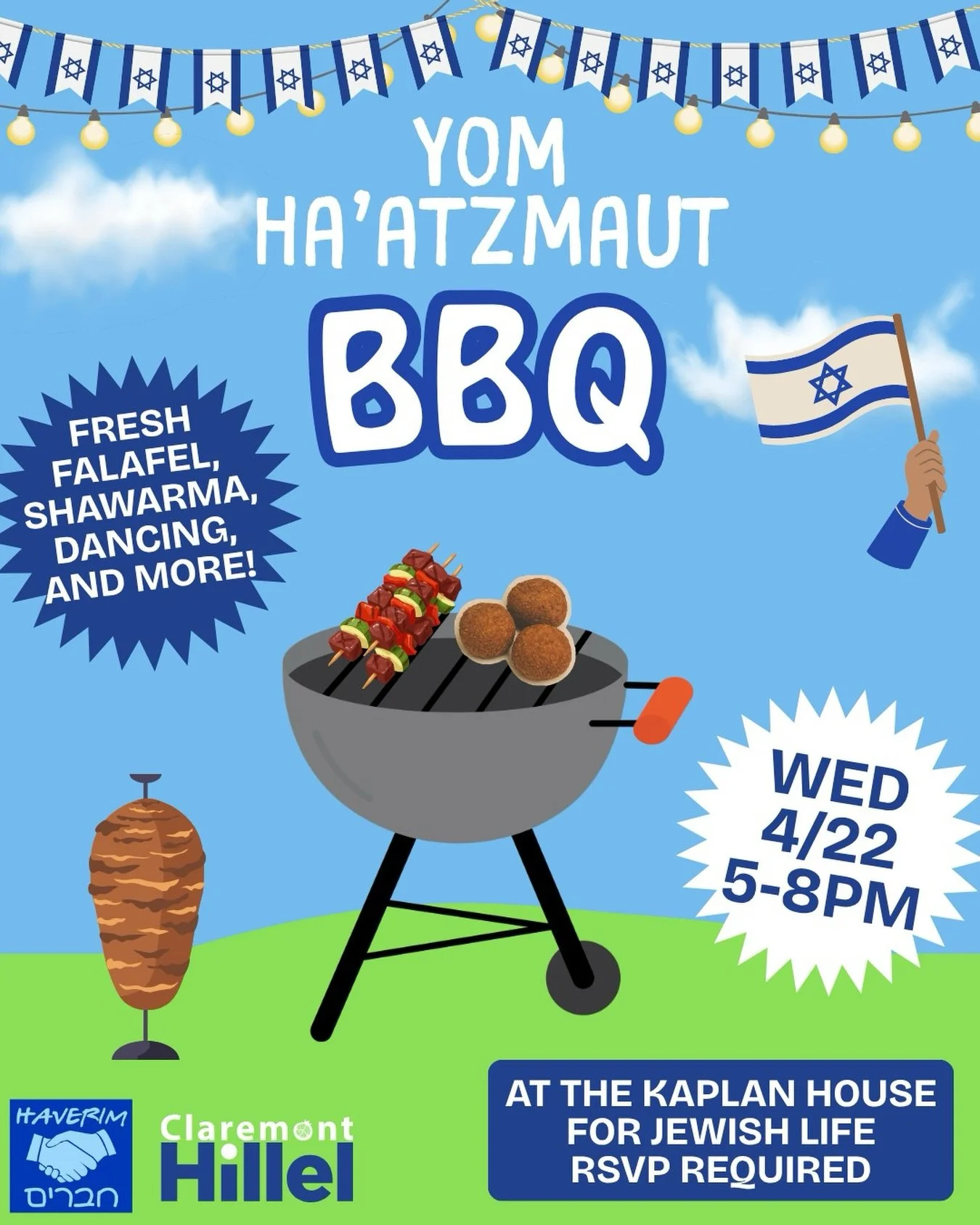 Celebrate Yom Ha&rsquo;atzmaut with the best combo ever: good food, good music, and good people 🇮🇱✨

We&rsquo;ve got fresh falafel, shawarma, dancing, and all the joy you need to get through the week, plus @haverim_claremont will be there bringing 