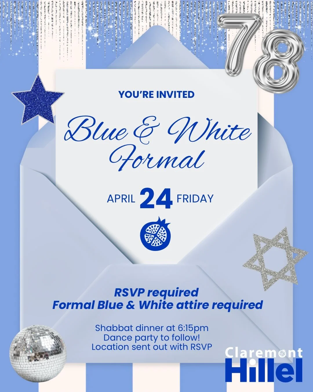 A Blue &amp; White night to celebrate together🪩💙🤍

Shabbat dinner begins at 6:15pm, followed by dancing, music, and activities all evening. From delicious food to cute stations like henna and charm‑making, it&rsquo;s going to be such a special nig