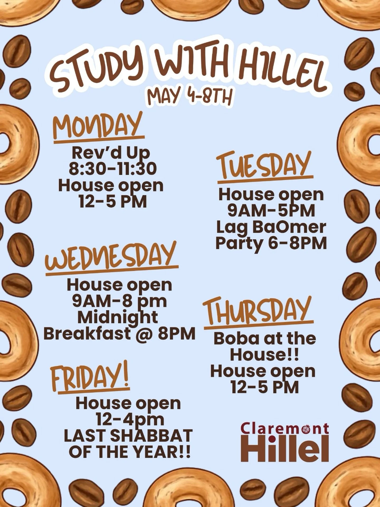 It&rsquo;s the week before finals 📚 and we&rsquo;re here for you! Come study, snack, and take a break with us 💙

Check out our lineup for the week and join us at the house 🏠 a cozy study space, and time to recharge before finals ✨ #ClaremontHillel