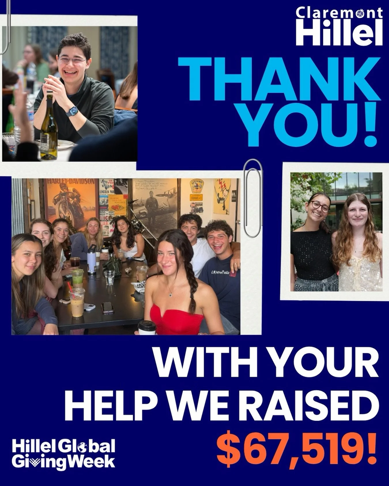 THANK YOU SO MUCH to our 83 incredible donors! 💛 Thanks to your support, Claremont Hillel raised $67,519 (after matched gifts) to support Jewish students at the Claremont Colleges during #HillelGlobalGivingWeek! We are so grateful for everything you