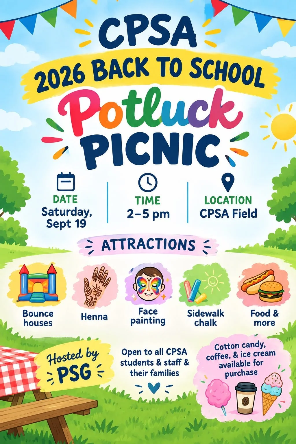 2026 Back to School Potluck Picnic: Sep 19, 2026 (Saturday)