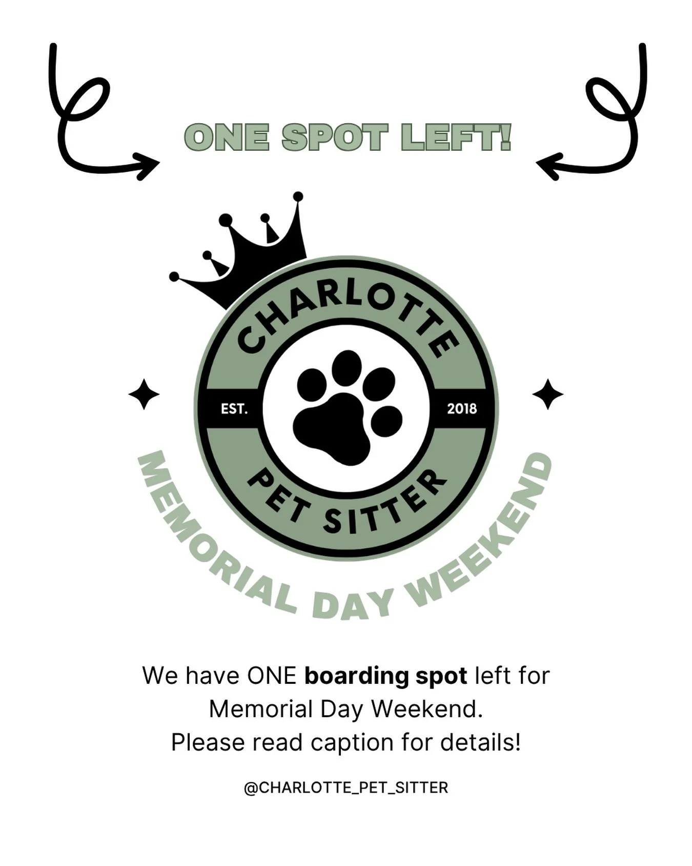 Memorial Day plans are heating up, and we have just ONE boarding spot left for the holiday week! 🐾

Your pup will be staying with our wonderful sitter, Brittany, and her sweet dog, Boo. It&rsquo;s the perfect setup for a dog who loves having a built