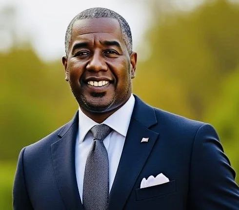 A man in a dark suit and gray tie smiling outdoors with a blurred green background.