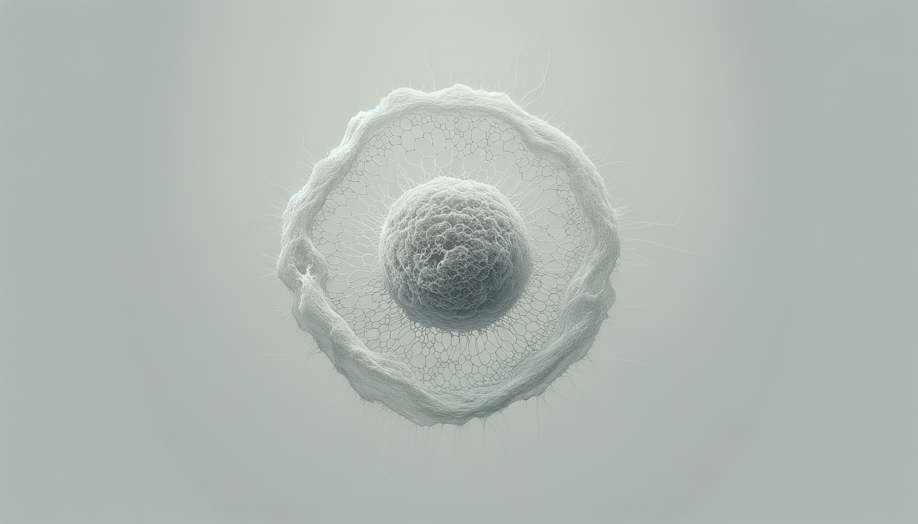 A microscopic view of a single human stem cell with a textured outer membrane and a central nucleus surrounded by a network of filaments.