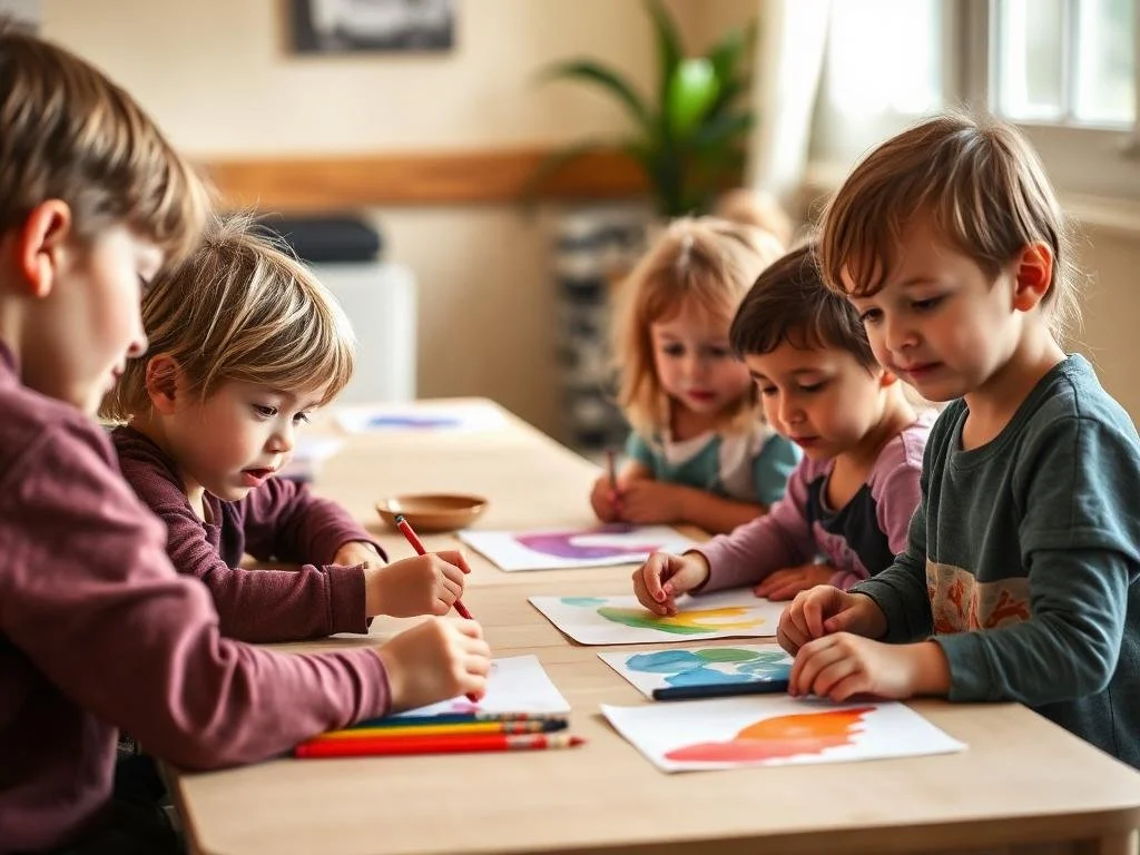 Five young children sitting at a table painting with watercolors in a classroom.