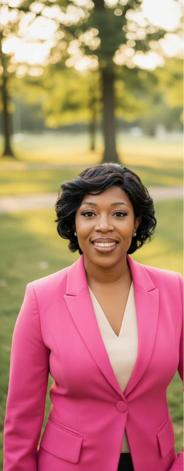 A woman with short black hair wearing a pink blazer and white blouse, smiling outdoors in a park with green trees in the background.
