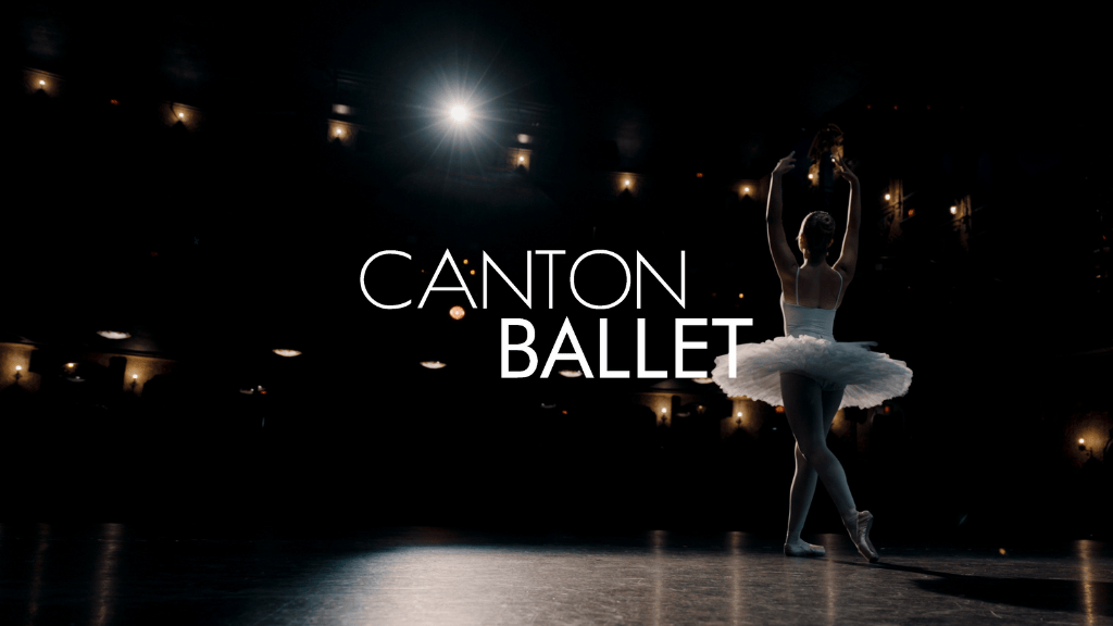Ballet dancer in tutu and pointe shoes on stage with spotlights, and text 'CANTON BALLET' over the image.