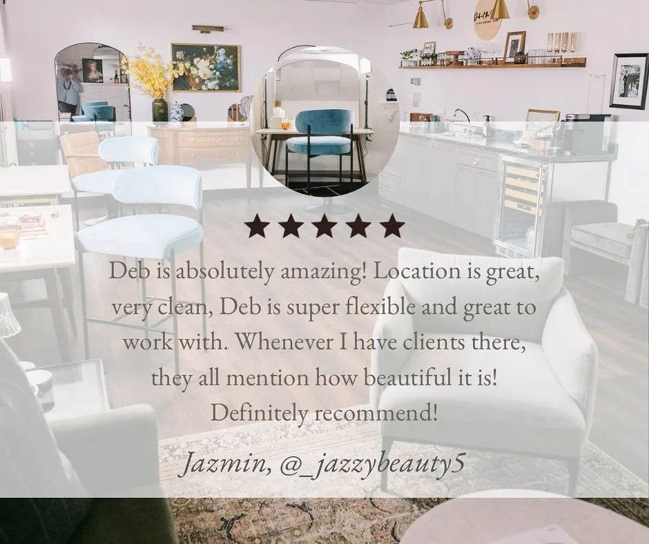 STUDIO REVIEW: daily chair rental ✨

&ldquo;Deb is absolutely amazing! Location is great, very clean, Deb is super flexible and great to work with. Whenever I have clients there, they all mention how beautiful it is! Definitely recommend!&rdquo; - Ja
