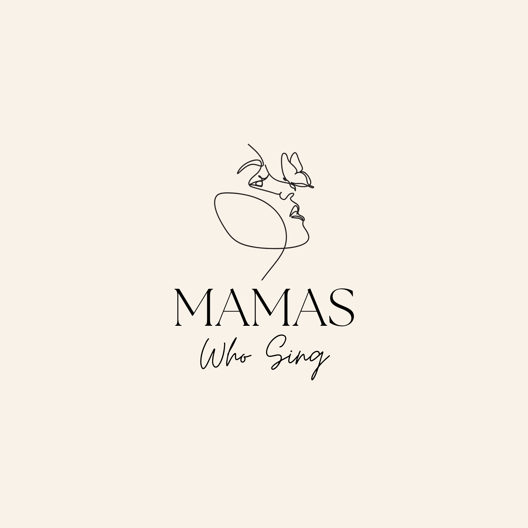 Logo for 'Mamas Who Sing,' featuring a line drawing of a woman's face in profile with a bird perched on her nose, against a light beige background.