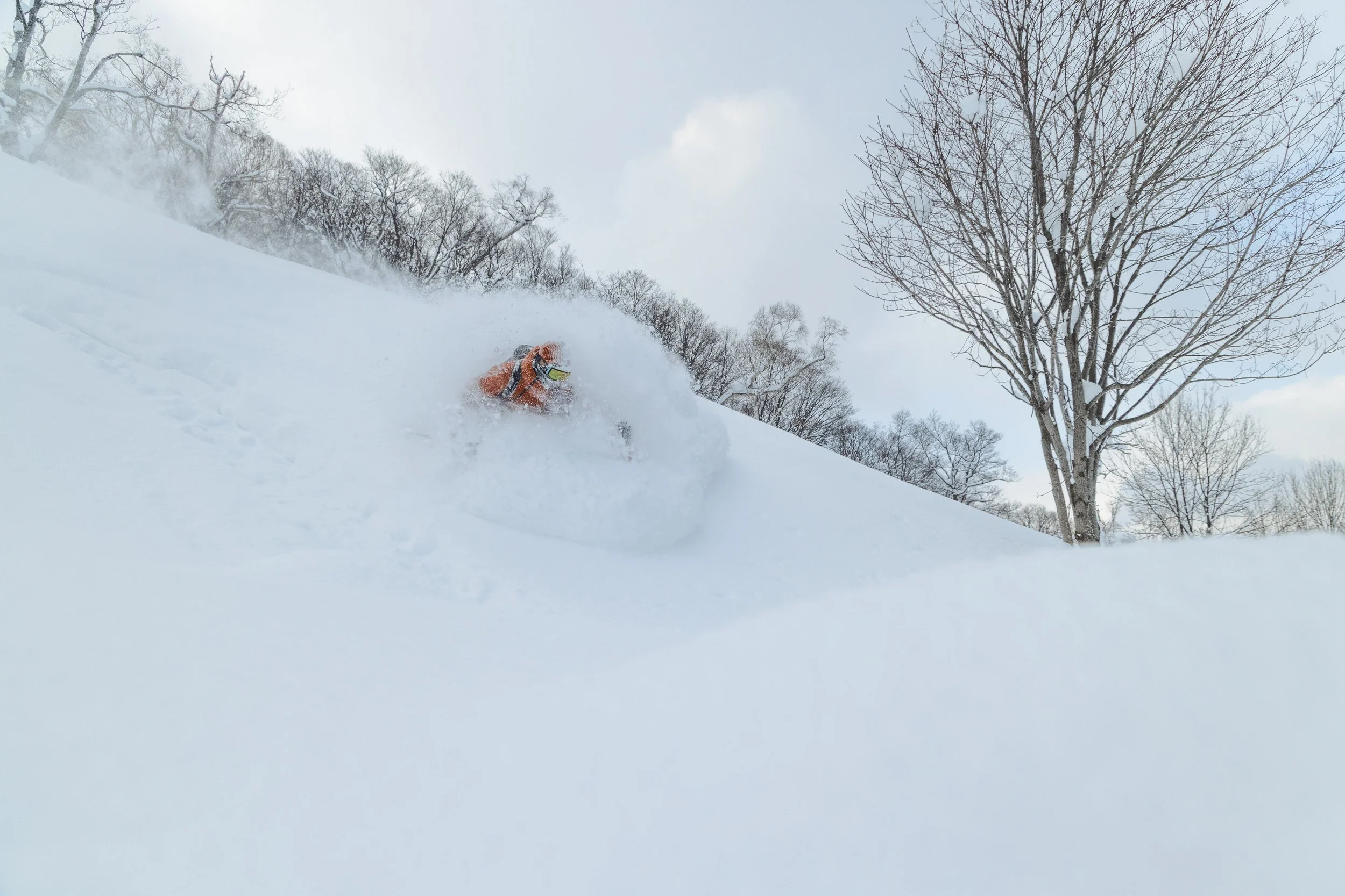 A skier in an orange jacket and green helmet skiing downhill through deep snow, creating a spray of snow behind them, with leafless trees and a partly cloudy sky in the background.