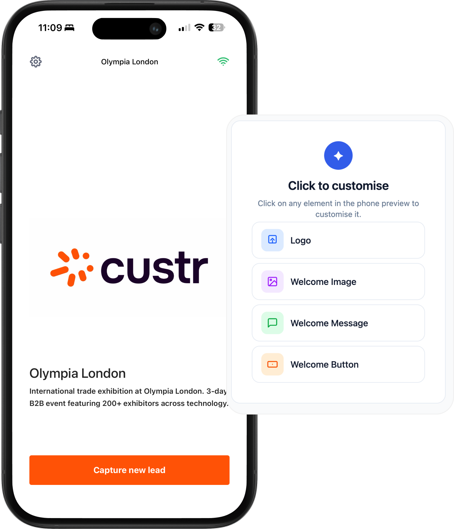Smartphone screen displaying a business event app with event data capture and options to customize logo, image, message, and welcome button.