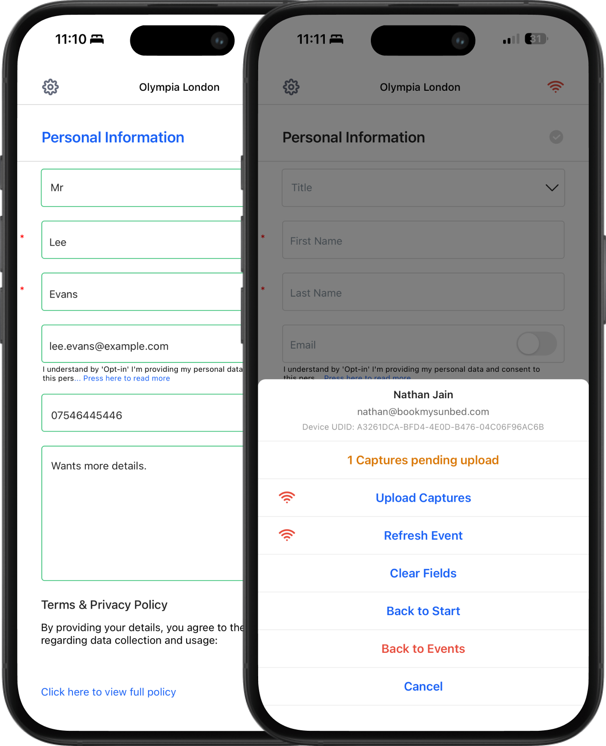 Two smartphones display a personal information form with input fields and event data capture options on a mobile app interface.