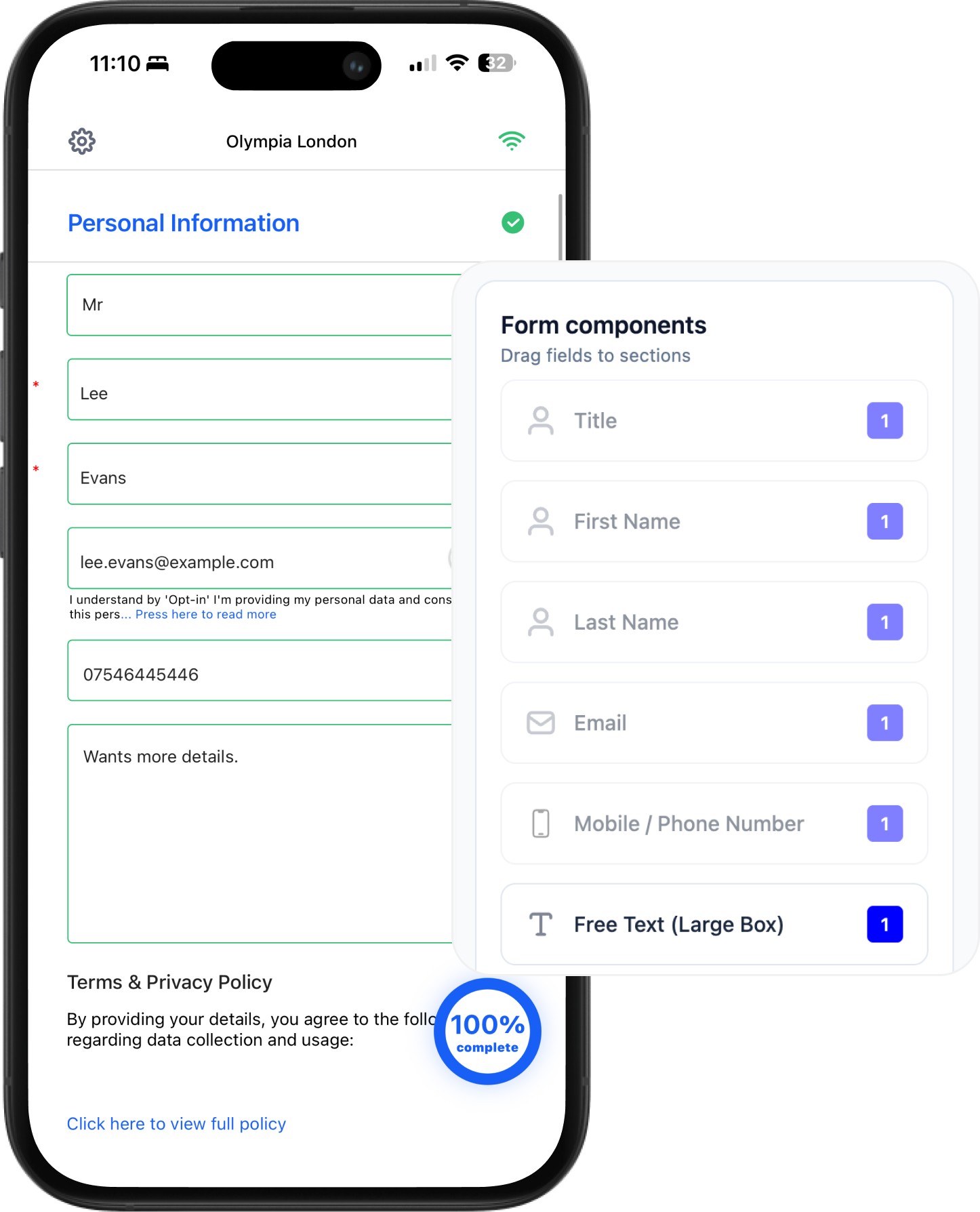 A mobile screen shows a personal info form being filled, with form components for event data capture on a draggable sidebar.