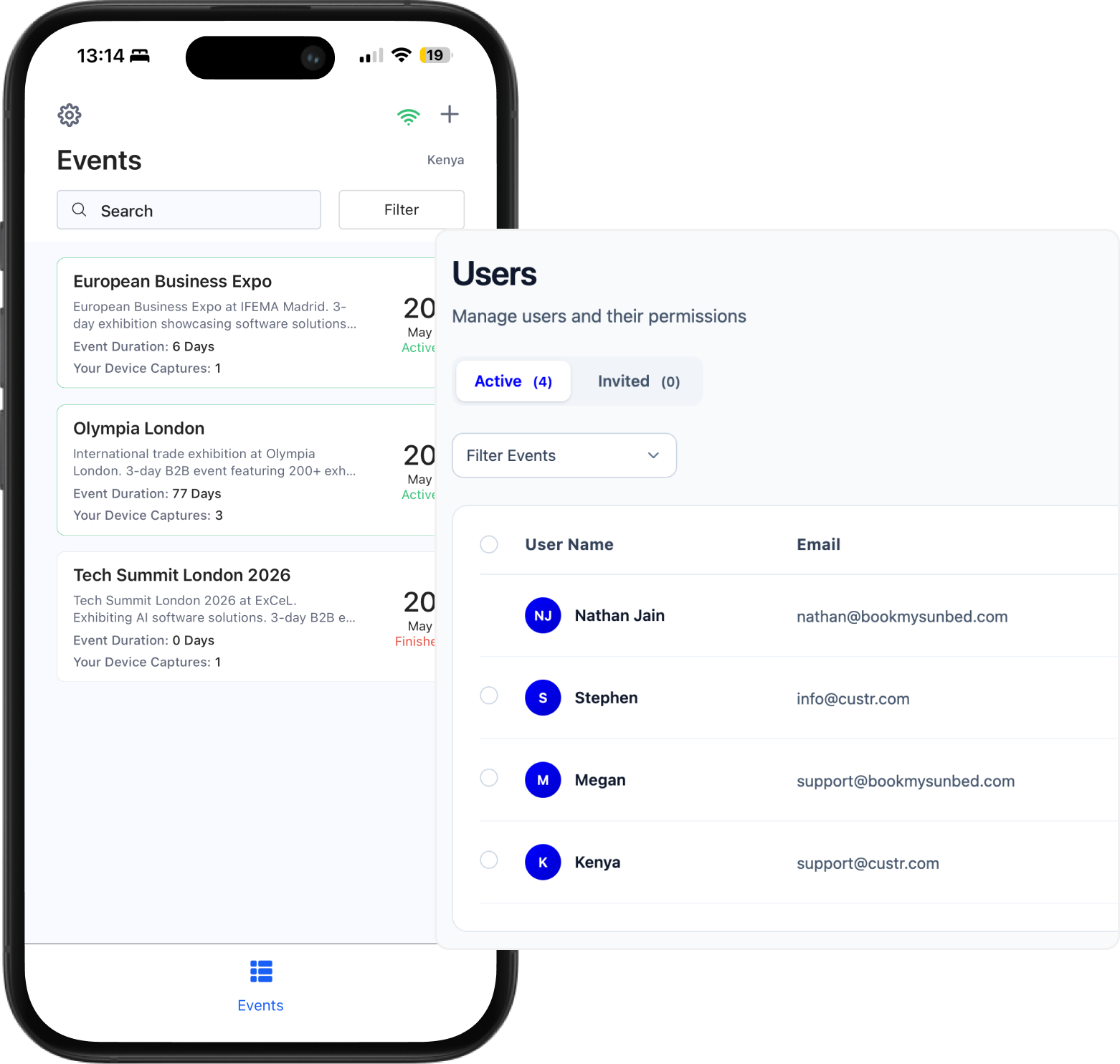 Mobile app displays event listings with a user management panel, enabling event data capture and showing active users with email addresses.