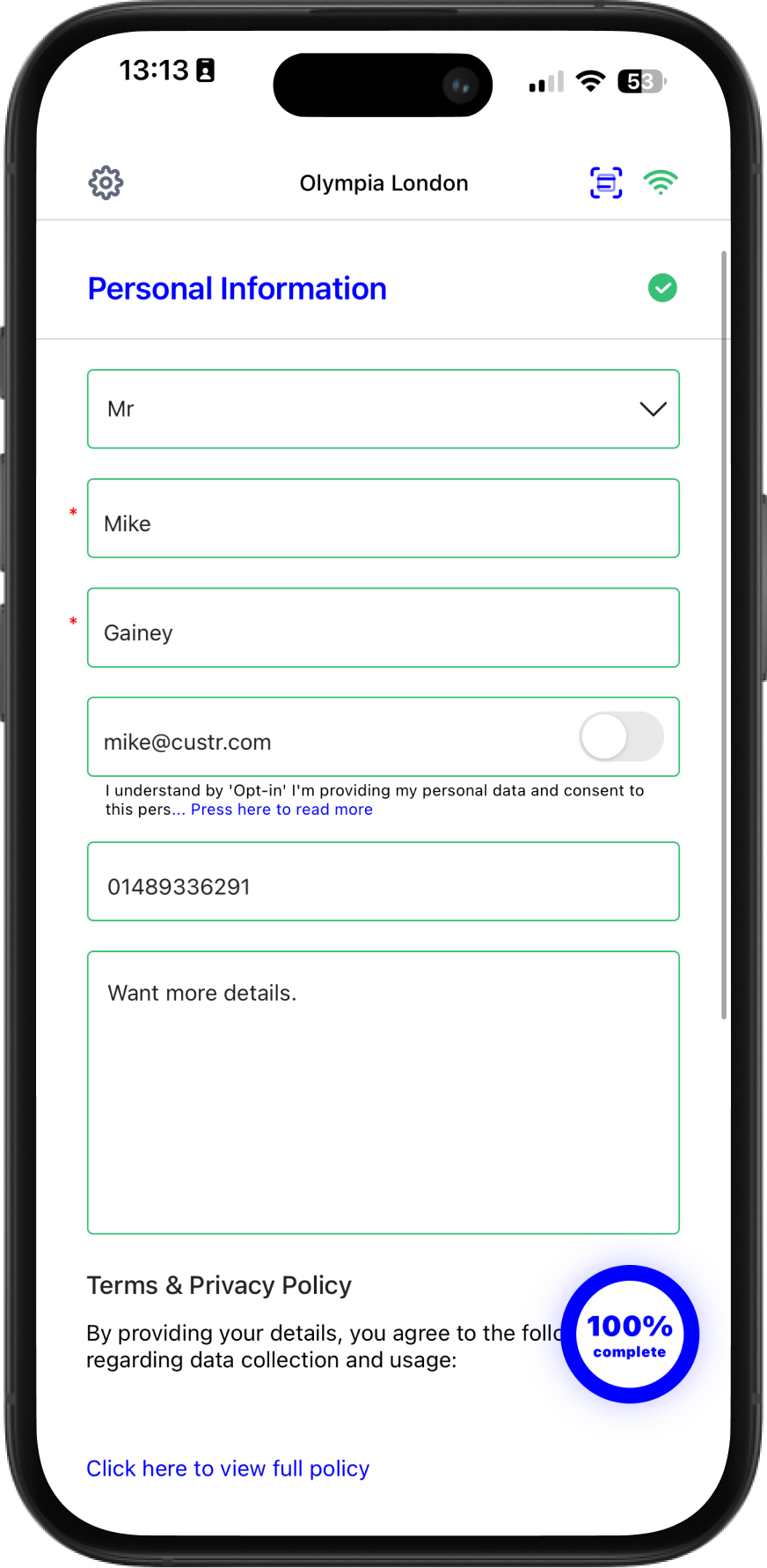A smartphone screen shows a personal information form being filled out, featuring event data capture and a 100% complete indicator below.