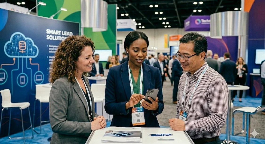 Three professionals at a conference booth smile, exploring event data capture on a phone amid bustling displays and attendees.