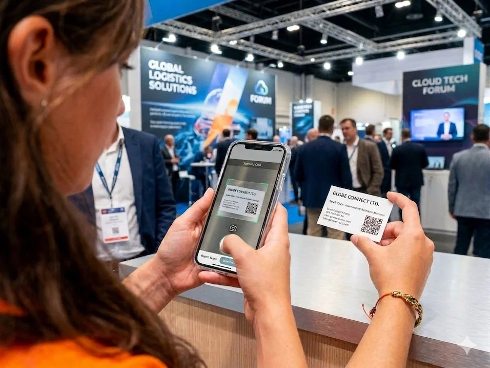 Person scans a QR code on a business card with a smartphone for event data capture at a tech conference, booths in the background.