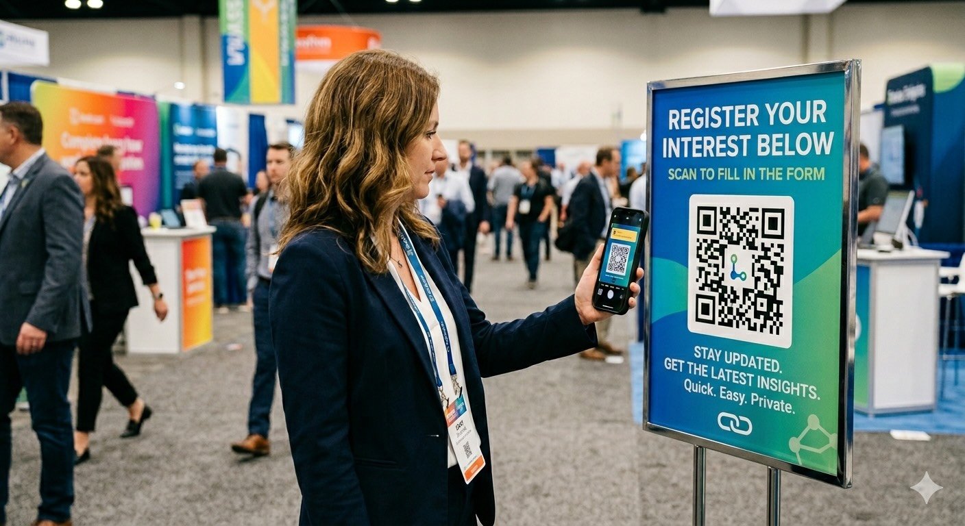 Woman scans a QR code on a sign at a busy conference, enabling seamless event data capture amid bustling booths and attendees.