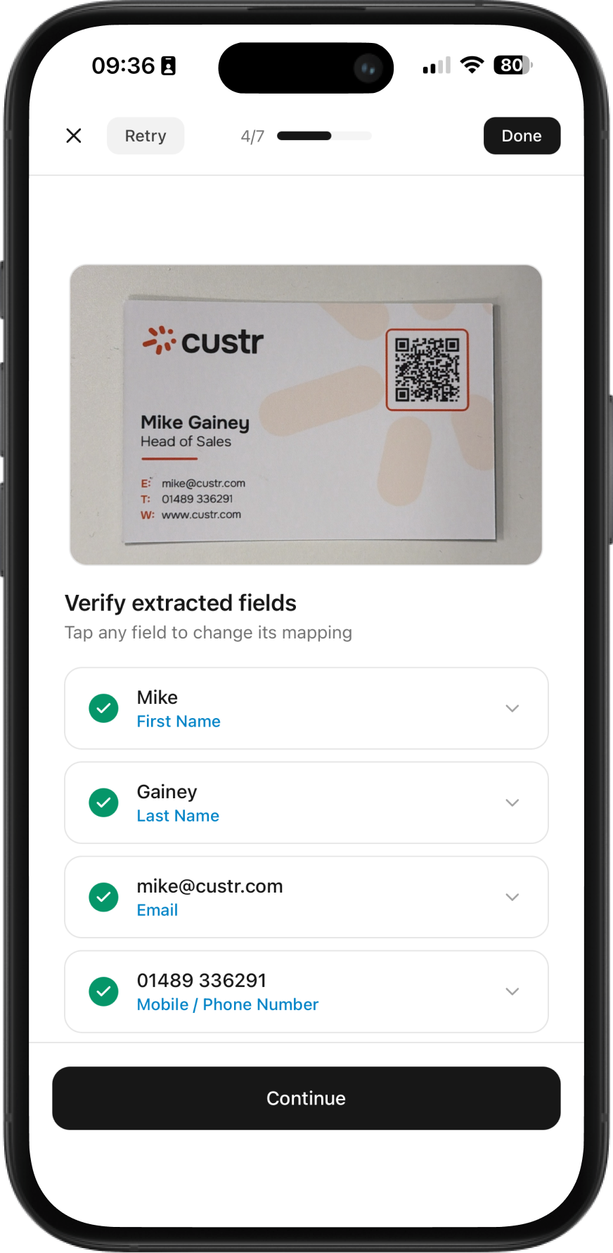 A phone screen shows a business card scan with extracted contact details using event data capture for Mike Gainey, Head of Sales at custr.