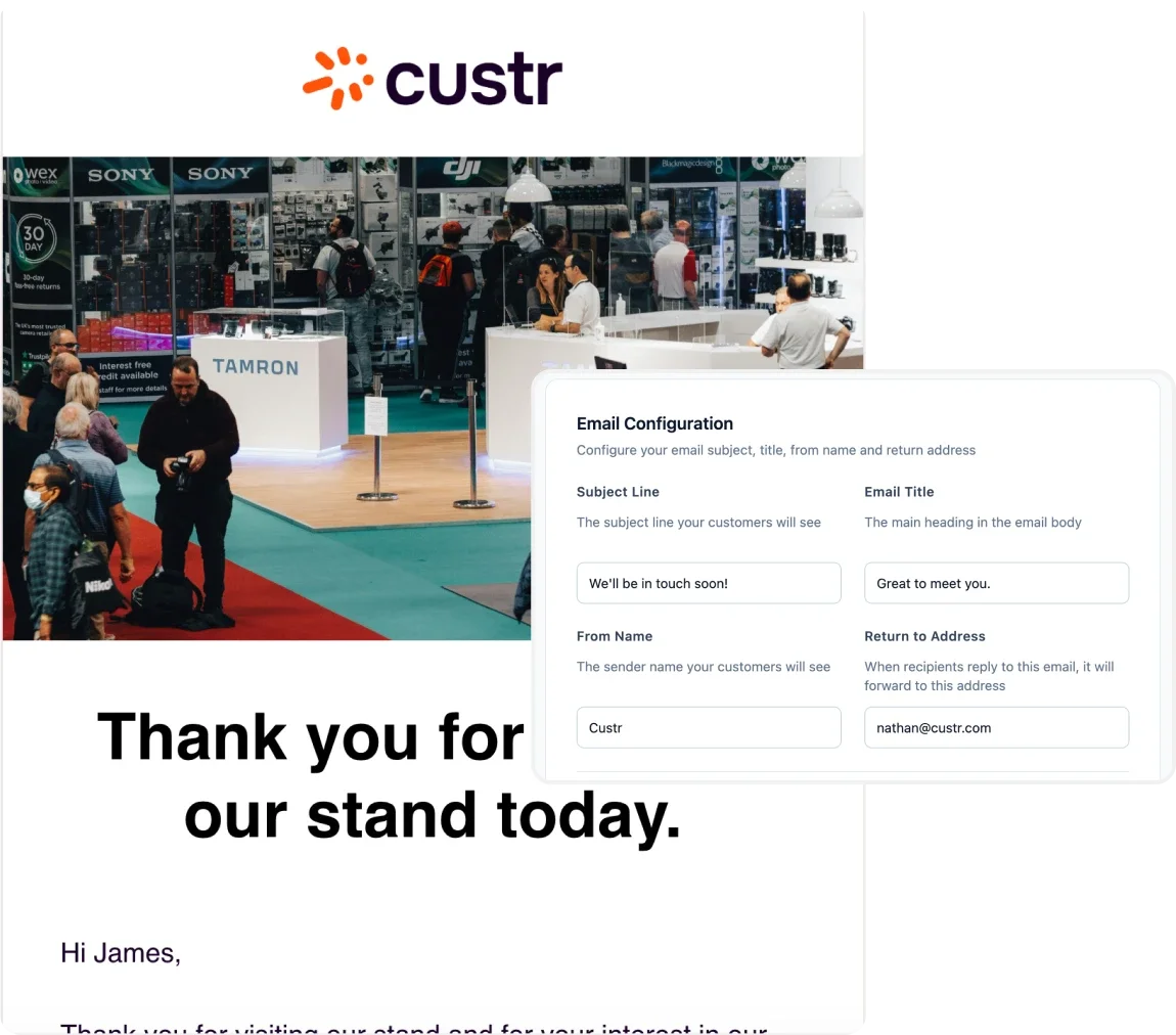 A busy trade show booth with people walking; an event data capture email pop-up overlays the image, featuring the custr logo.