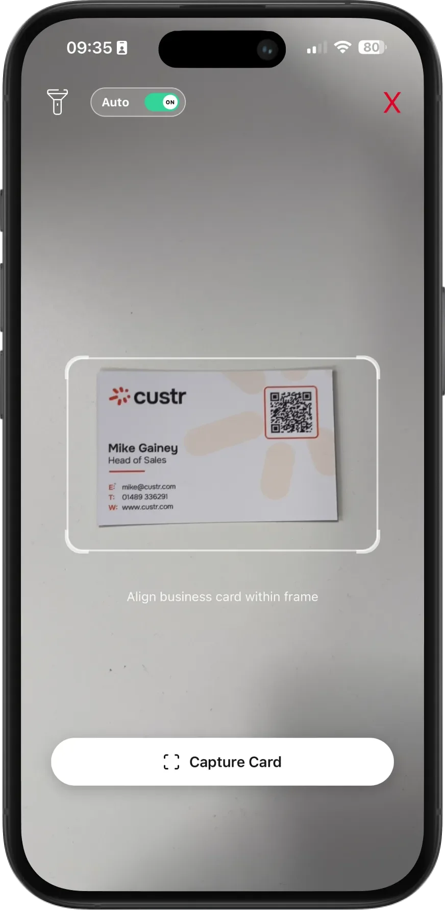 A phone screen shows an app scanning a business card for Mike Gailey, Head of Sales at custr, with event data capture and a QR code.