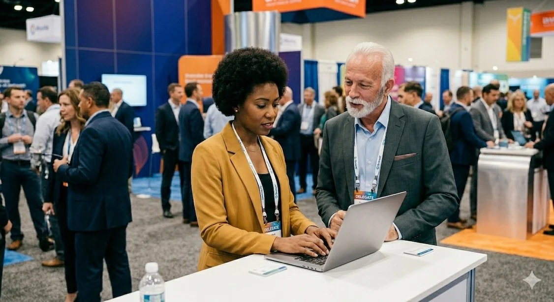Two people in business attire discuss event data capture while looking at a laptop at a busy conference with booths in the background.