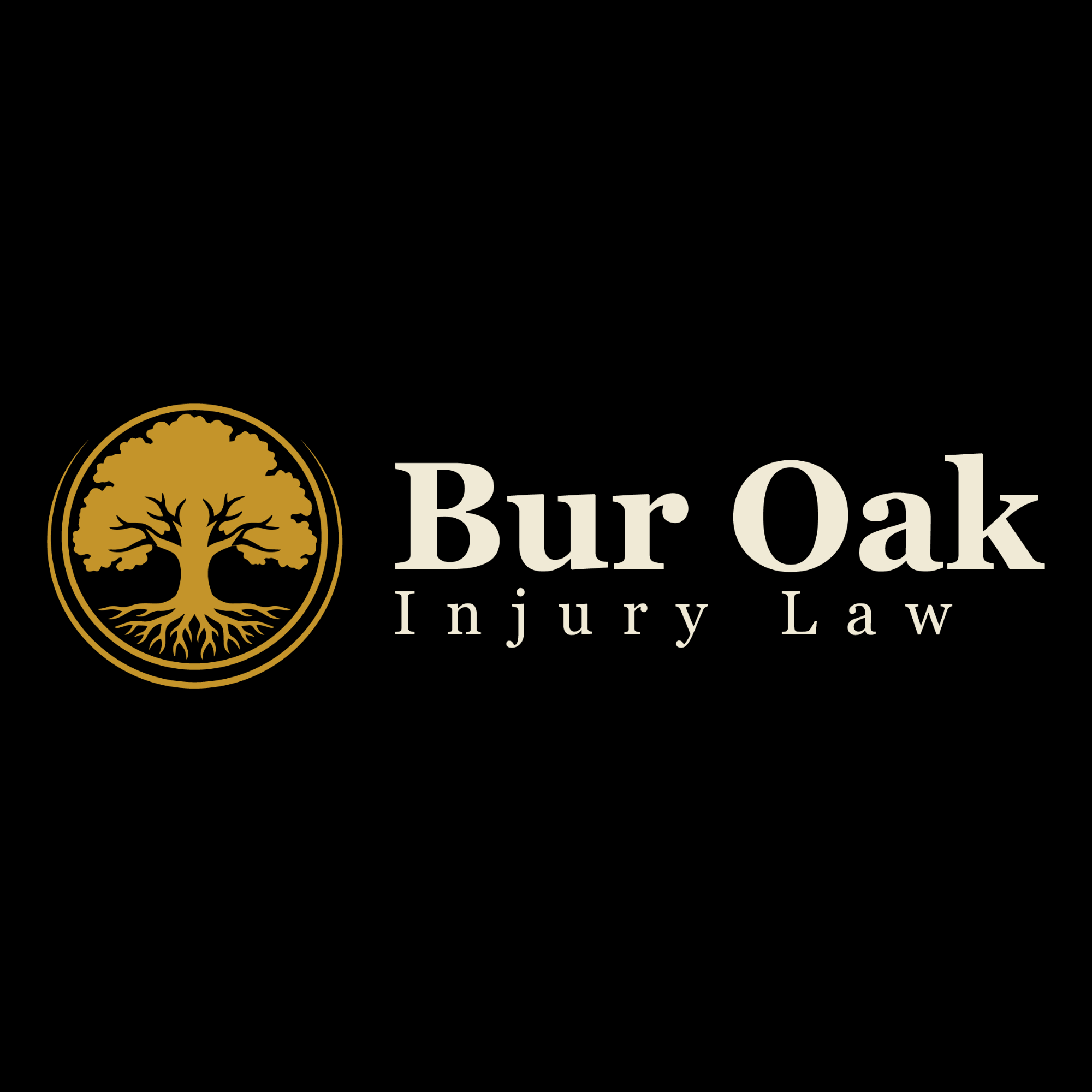 Black background with gold and white text and logo of a tree, the text reads "Bur Oak Injury Law".