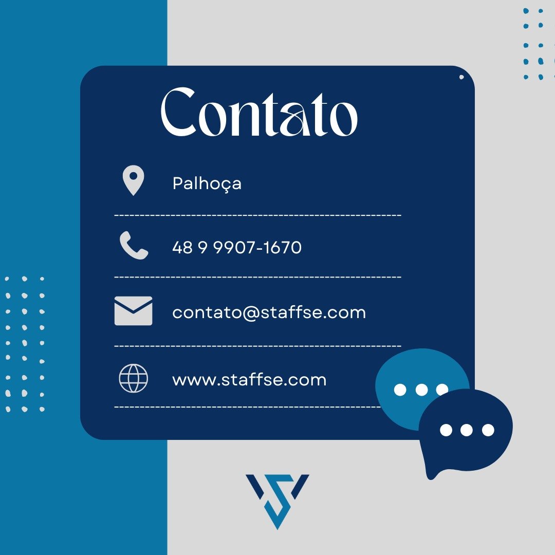 📞 Entre em contato conosco!💬 

Na Staff Solu&ccedil;&otilde;es Empresariais, estamos prontos para atender voc&ecirc; com qualidade e agilidade. Confira nossos canais de comunica&ccedil;&atilde;o: 

📍 Palho&ccedil;a - SC 

🌐 Site: www.staffse.com
