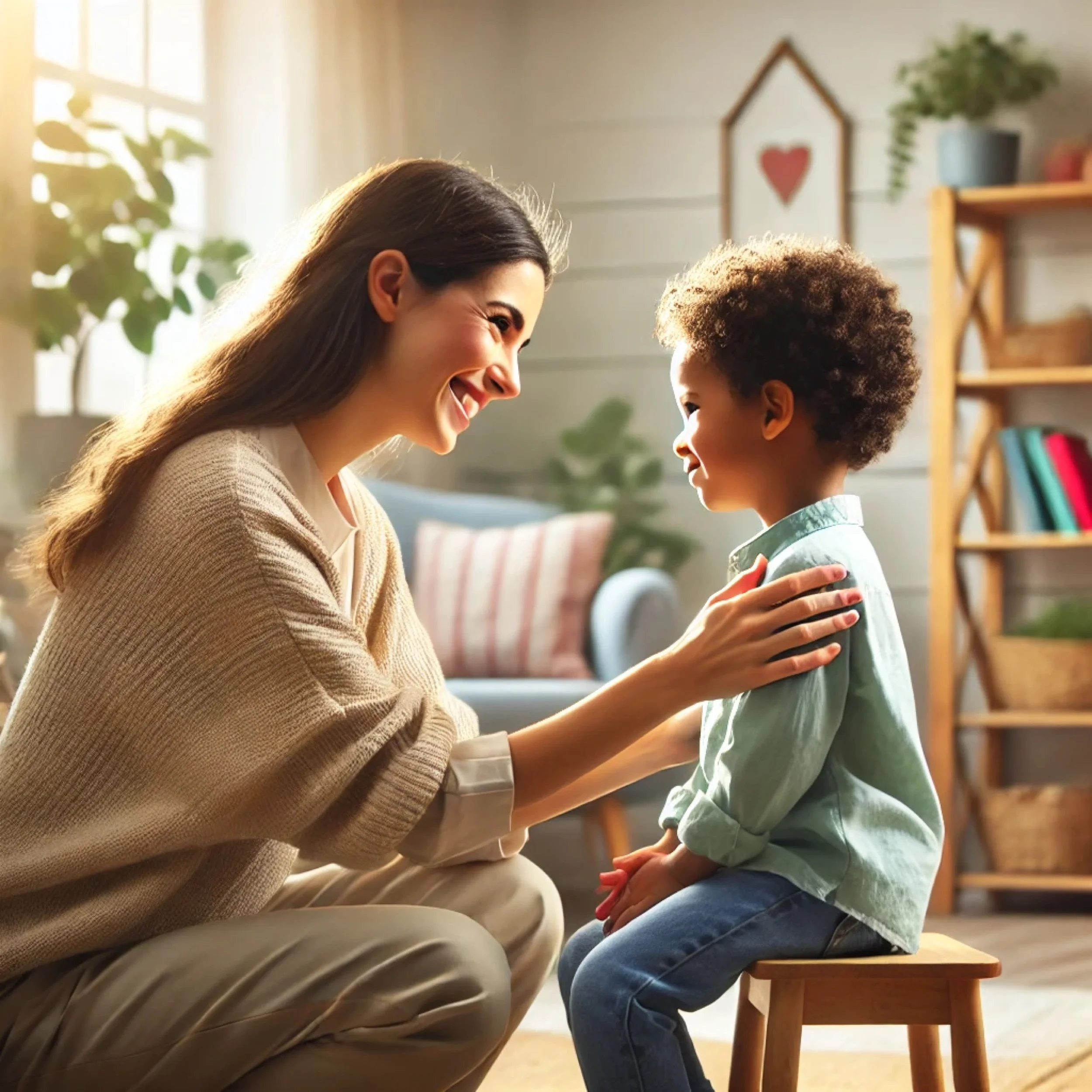 A woman smiling and holding a young child's shoulders while they look at each other in a cozy, well-lit room with plants and decorative items.