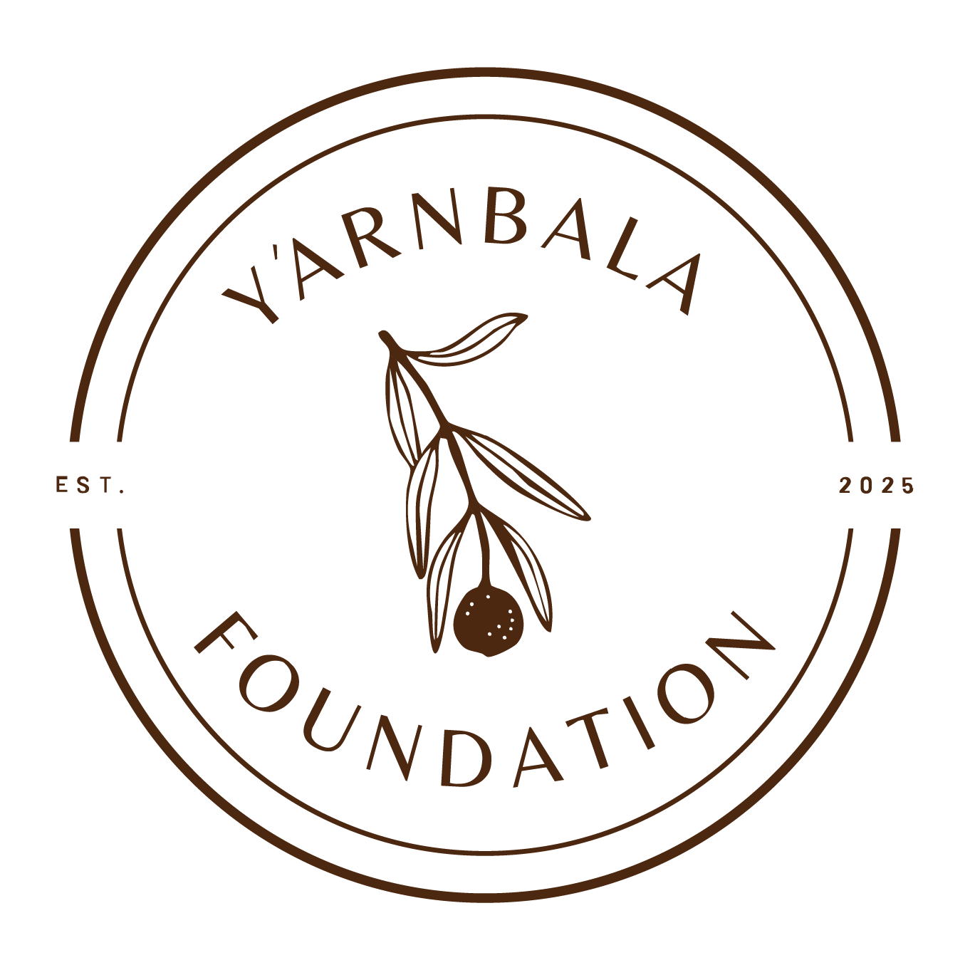 Yarnbal Foundation logo with a circle, brown outlines, a branch with leaves and a fruit in the center, and the text 'Yarnbal Foundation' above and below, with 'EST. 2025' on either side.