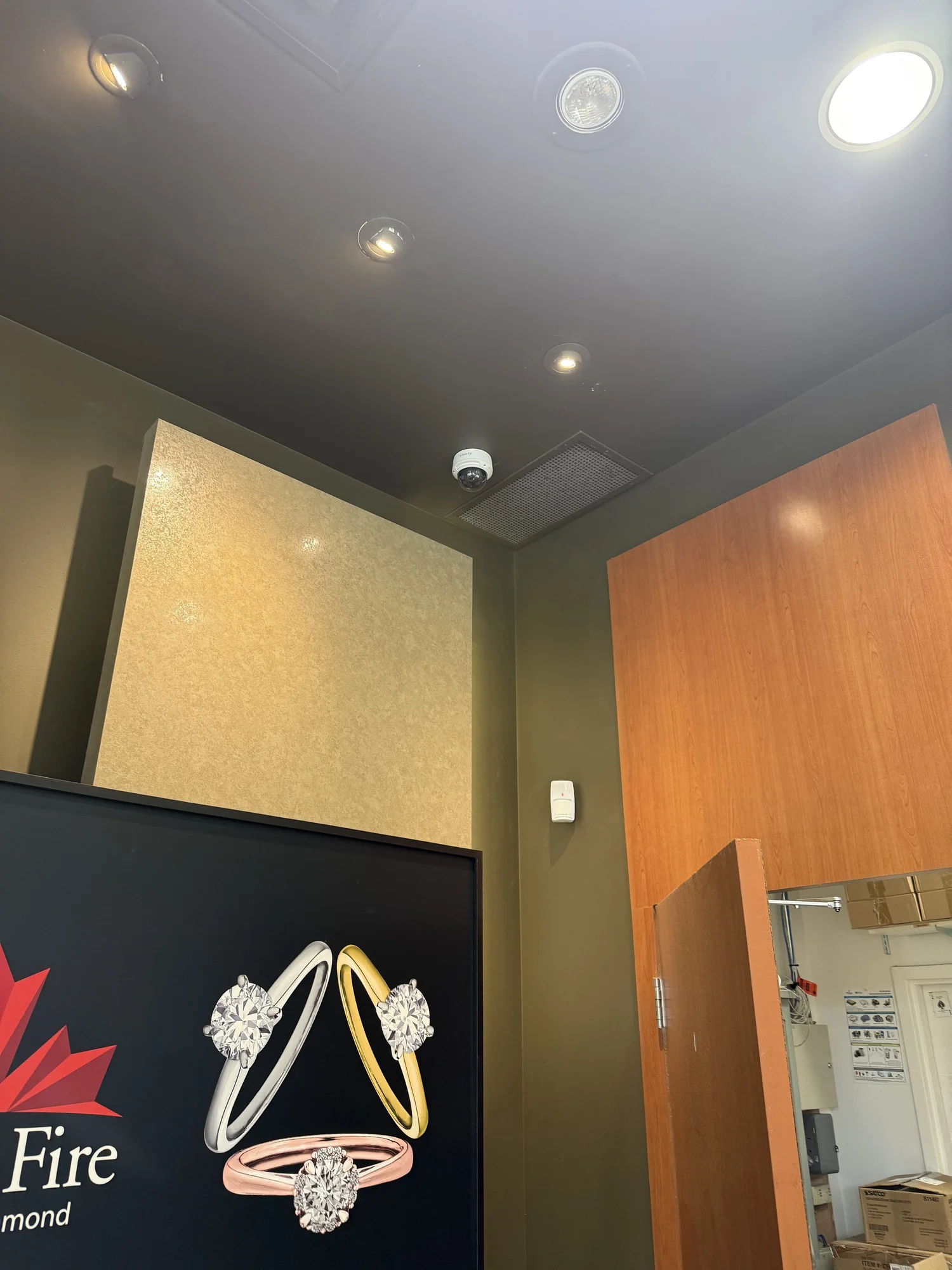 Discreet ceiling dome camera in a retail jewellery showroom