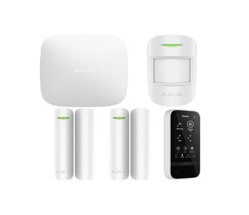 Home security system with control panel, motion detectors, door/window sensors, and remote control.