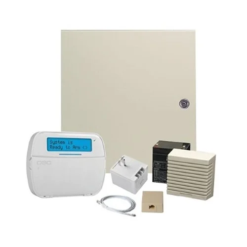 A security alarm system with a control panel, battery, sensors, and wiring on a white background.